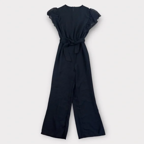 SHEIN Lace Flutter Sleeve Belted Wide Leg Jumpsuit Black Size Small NWOT - Picture 3 of 6